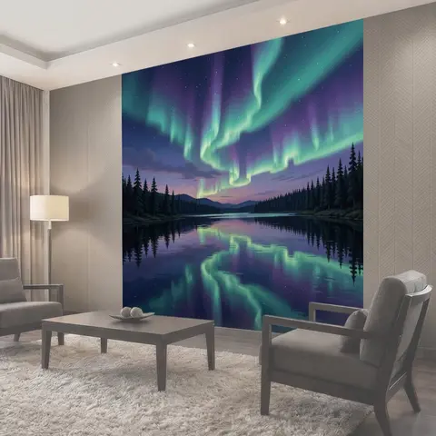 Фотообои Северное сияние над лесным озером