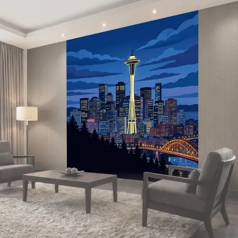 Фотообои Ночной Сиэтл с башней и мостом