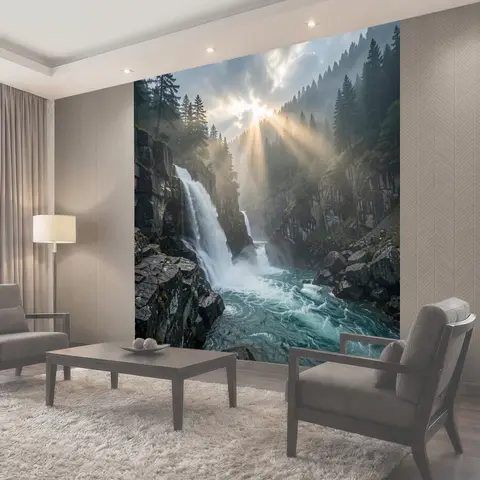 Фотообои Водопад в хвойных горах