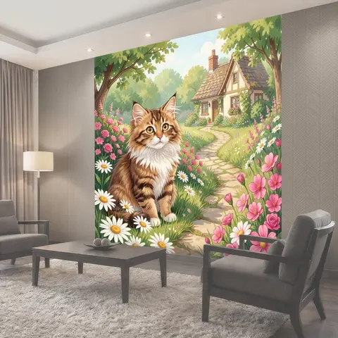 Фотообои Котенок у цветущего домика