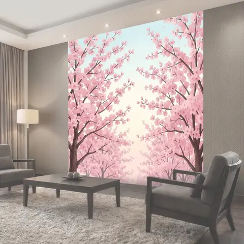 Фотообои Цветущие сакуры в розовом небе