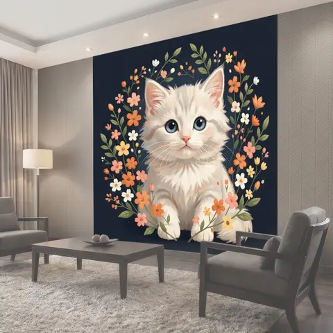 Фотообои Белый котёнок в цветочном венке