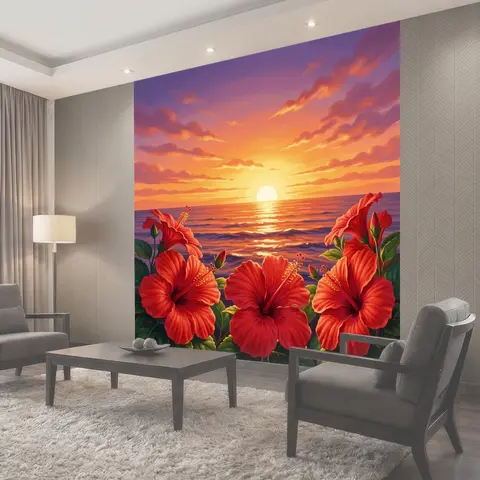 Фотообои Красные гибискусы на закате у моря