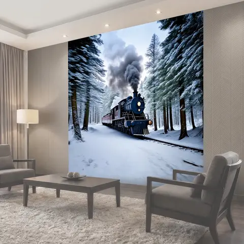 Фотообои Паровоз, увенчанный облаками пара, стремительно мчится сквозь заснеженные леса, где зимние морозы заковали…