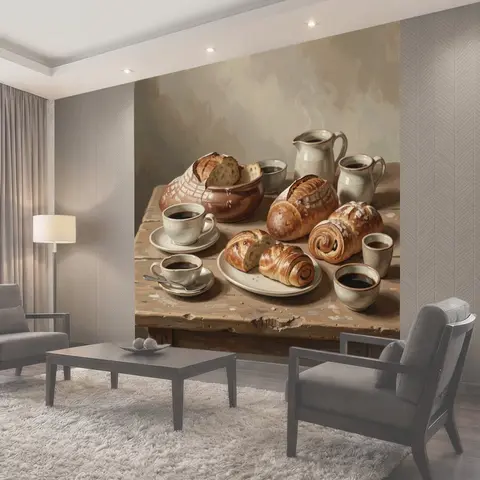 Фотообои Хлебная выпечка и чашки кофе