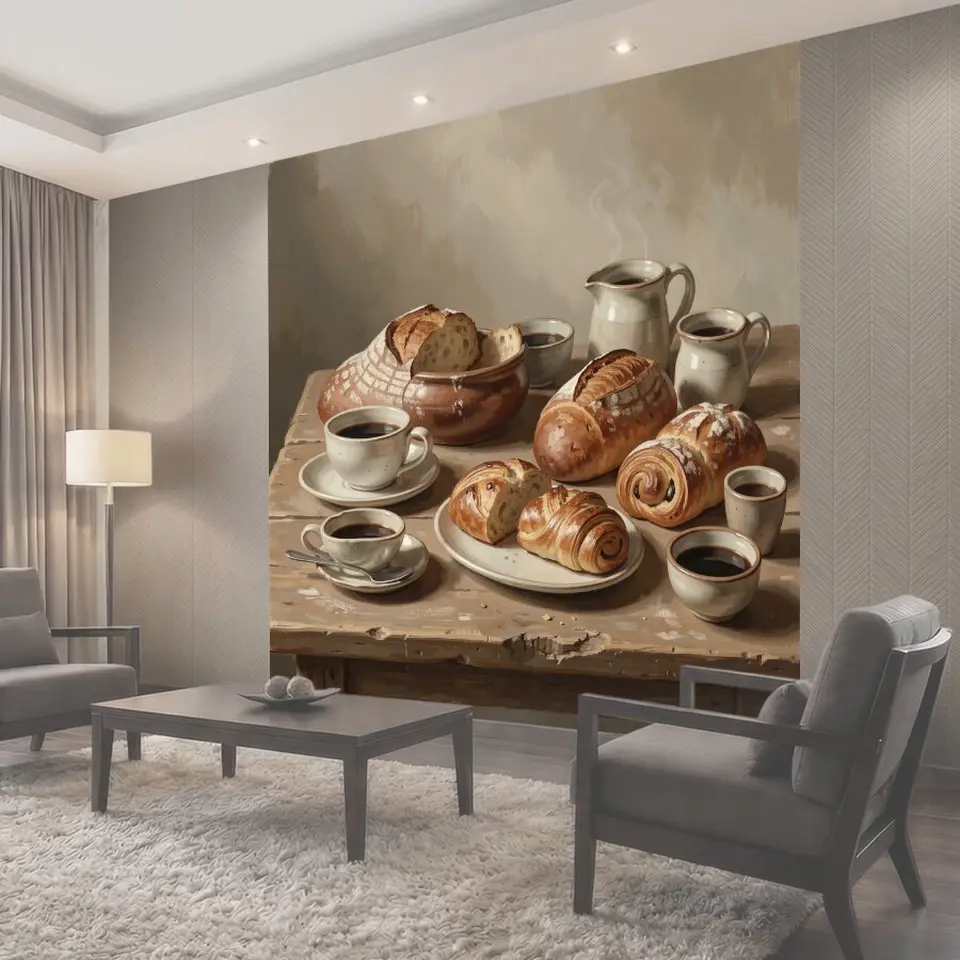 Фотообои Хлебная выпечка и чашки кофе