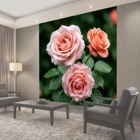 Фотообои Нежно-розовые розы с каплями