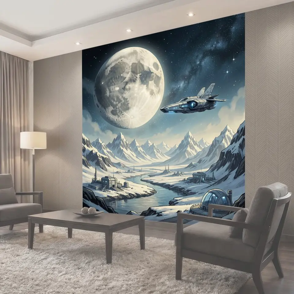 Фотообои Космический пейзаж с луной и кораблем