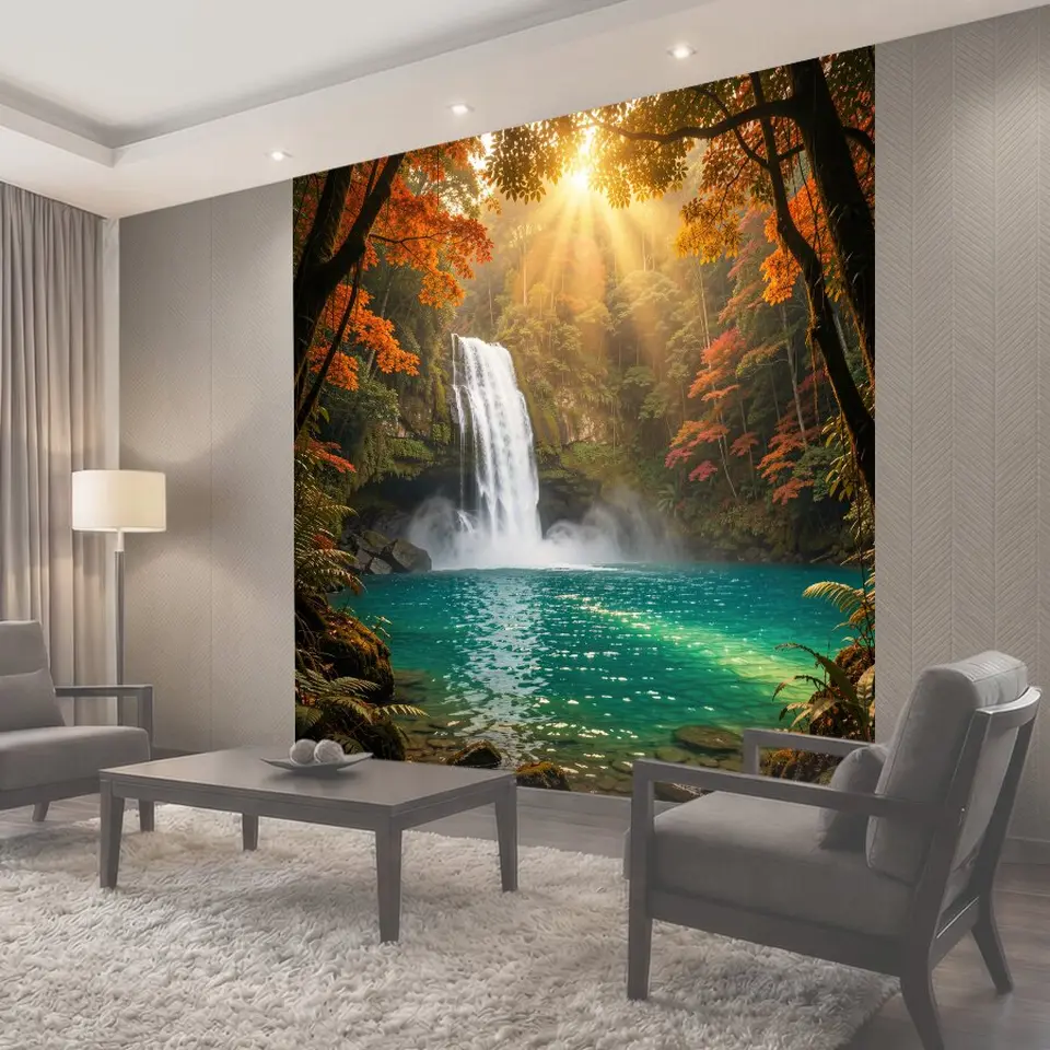 Фотообои Водопад в осеннем лесу