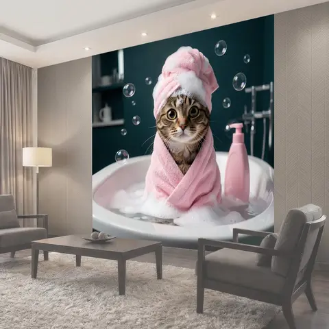 Фотообои Кот в розовом полотенце