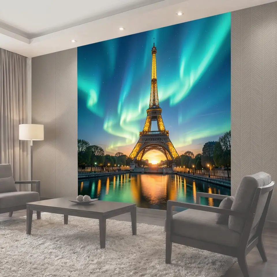 Фотообои Эйфелева башня под северным сиянием