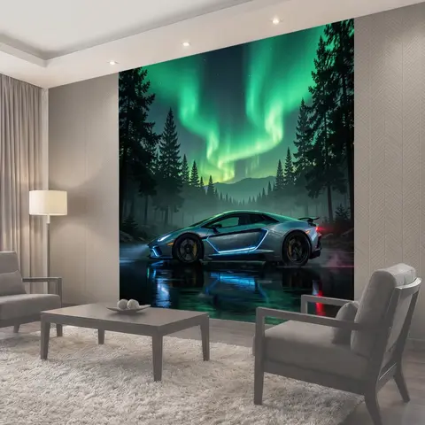 Фотообои Спортивное авто под северным сиянием