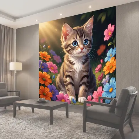 Фотообои Милый котёнок среди цветов