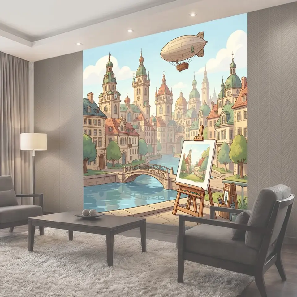 Фотообои Старинный город с дирижаблем