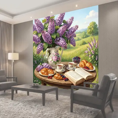 Фотообои Сирень и чаепитие на лугу