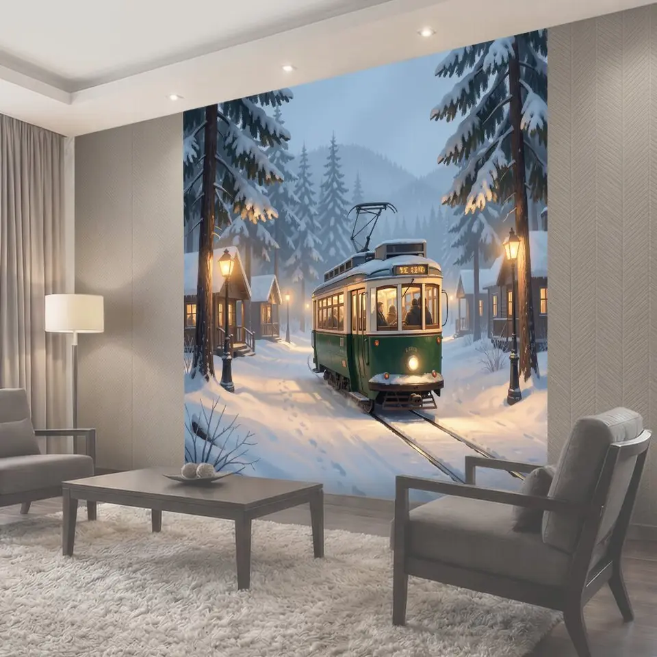 Фотообои Зимний трамвай в лесной деревне