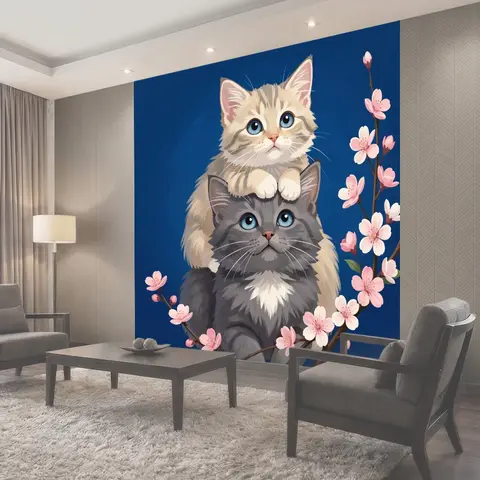 Фотообои Два котенка с цветущей веткой