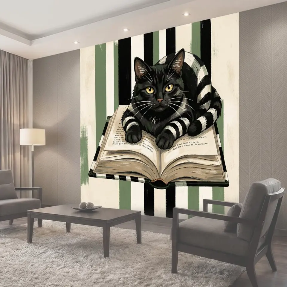 Фотообои Чёрный кот с раскрытой книгой
