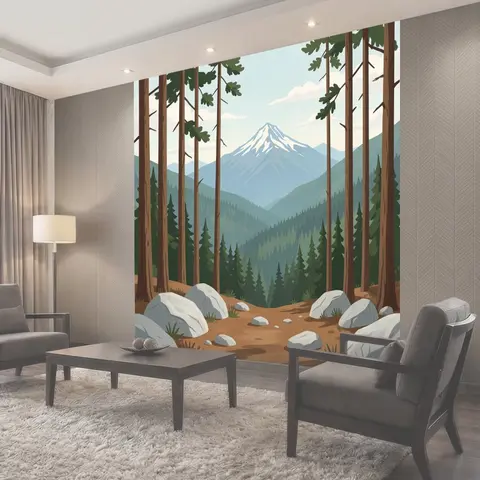 Фотообои Лесные горы и снежная вершина
