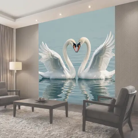 Фотообои Пара белых лебедей на воде