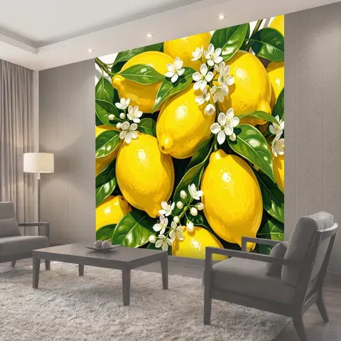 Фотообои Желтые лимоны с белыми цветами