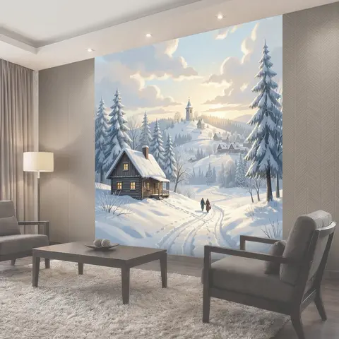 Фотообои Зимняя деревня на рассвете