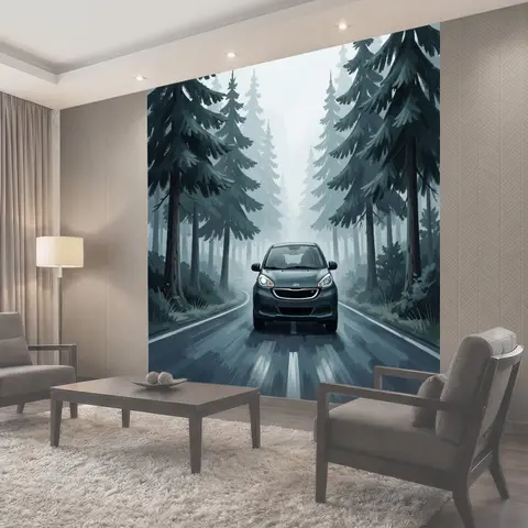 Фотообои Автомобиль на лесной дороге