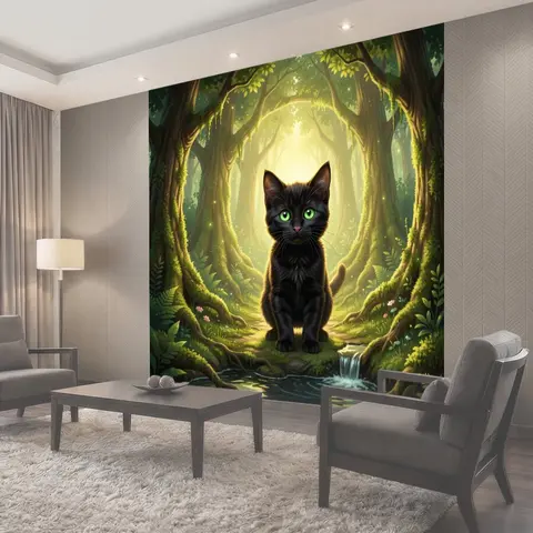 Фотообои Черный кот в лесу. Милый темный котенок с ярко-зелёными глазами на фоне волшебной чащи