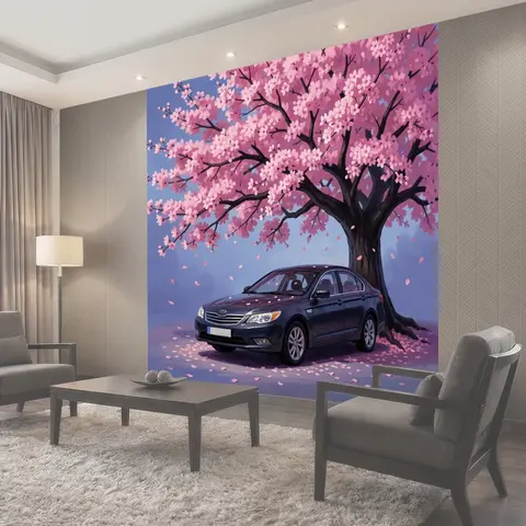 Фотообои Автомобиль под цветущей сакурой