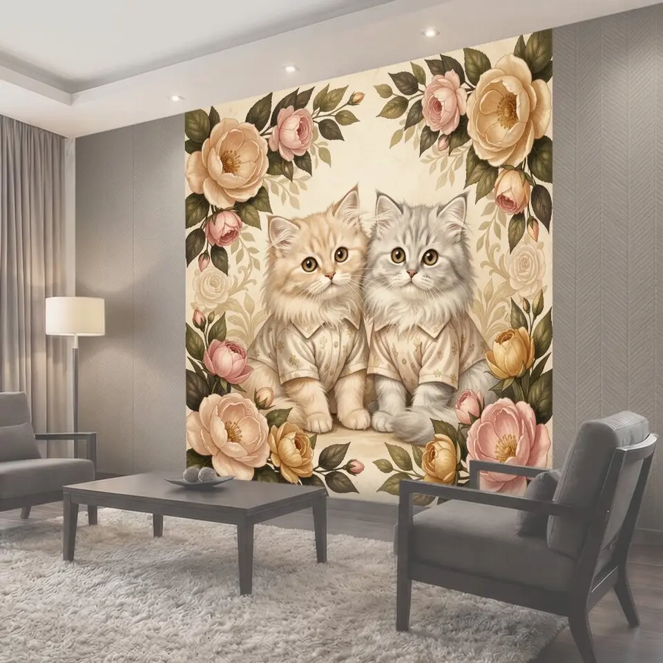 Фотообои Два пушистых котенка с розами