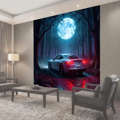 Фотообои Спортивное авто в ночном лесу