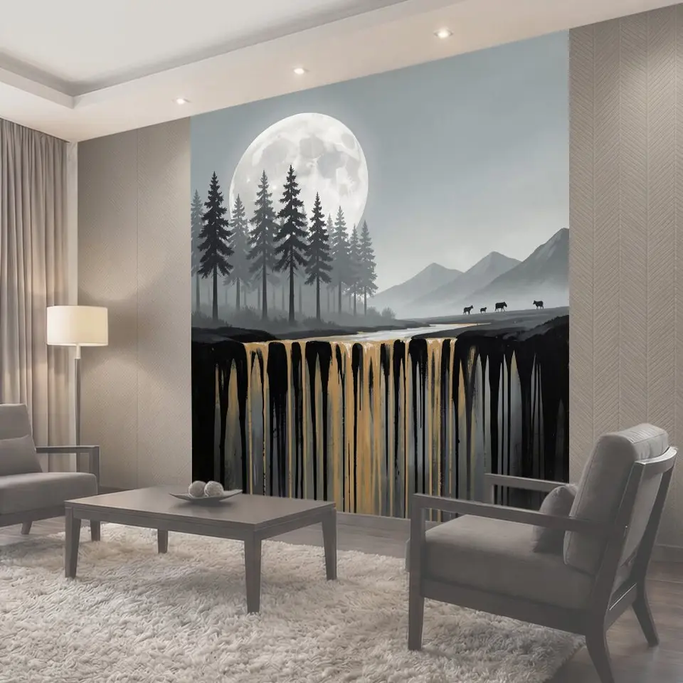 Фотообои Лунный пейзаж с лесом и горами