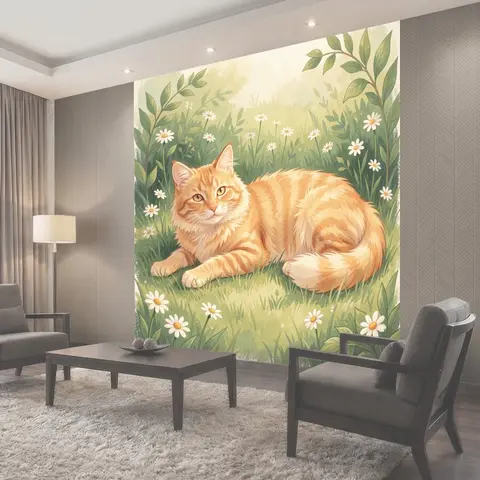 Фотообои Рыжий кот в цветущем саду