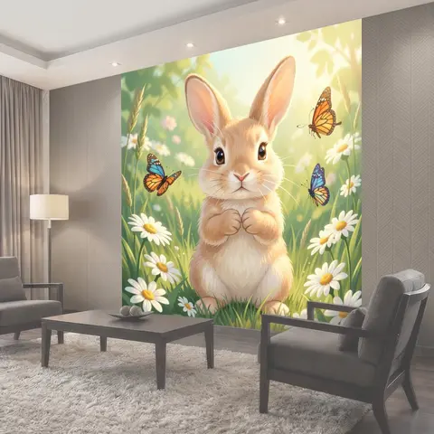 Фотообои Милый кролик среди ромашек