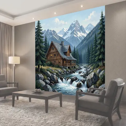 Фотообои Хижина у водопада среди гор