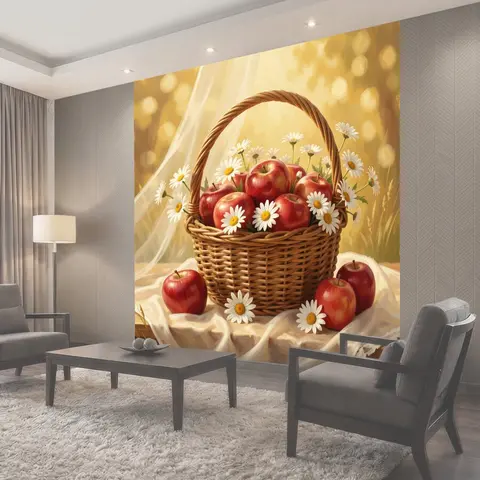 Фотообои Корзина с красными яблоками и ромашками