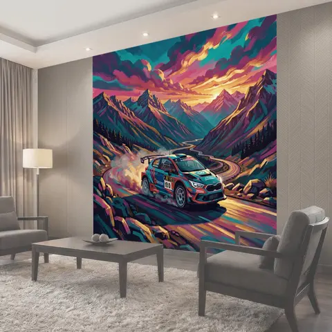 Фотообои Раллийный автомобиль среди вершин