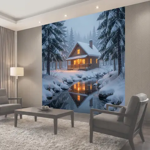 Фотообои Зимний домик в лесу у реки