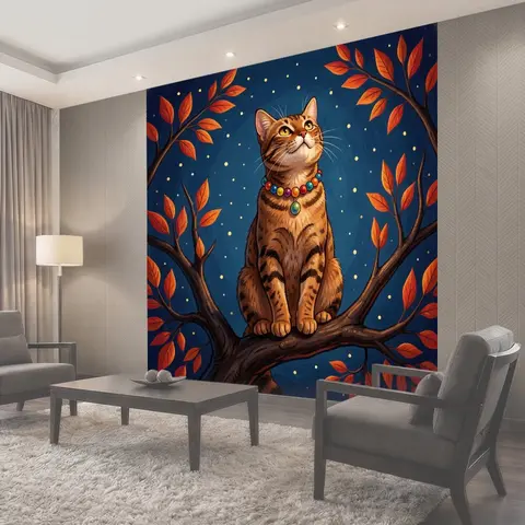Фотообои Кот на ветке с бусами