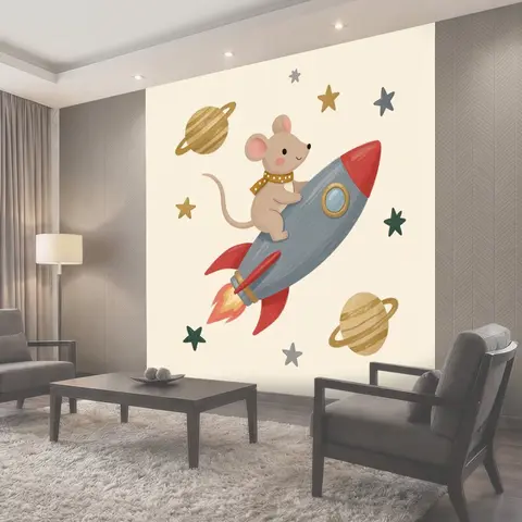 Фотообои Мышонок на ракете в космосе