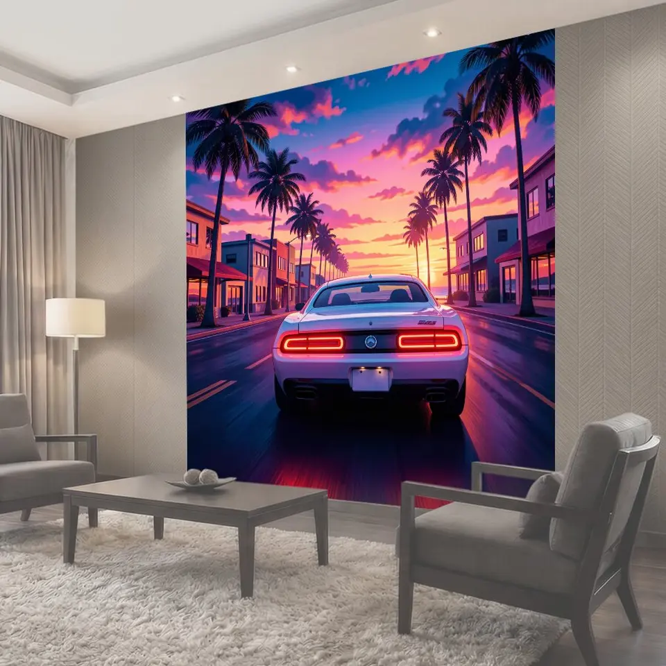 Фотообои Спортивное авто на закате у пальм