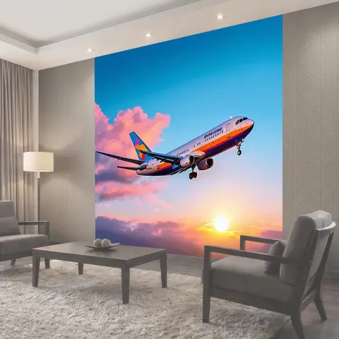 Фотообои Взлет самолета boeing 737 в ярком нежно-голубом небе на фоне великолепного заката