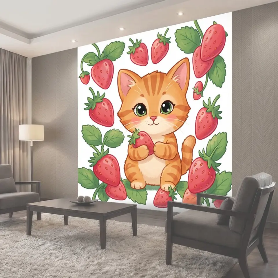 Фотообои Котенок с клубникой в рамке