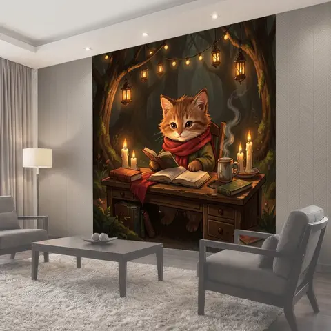 Фотообои Котенок-читатель в лесном кабинете