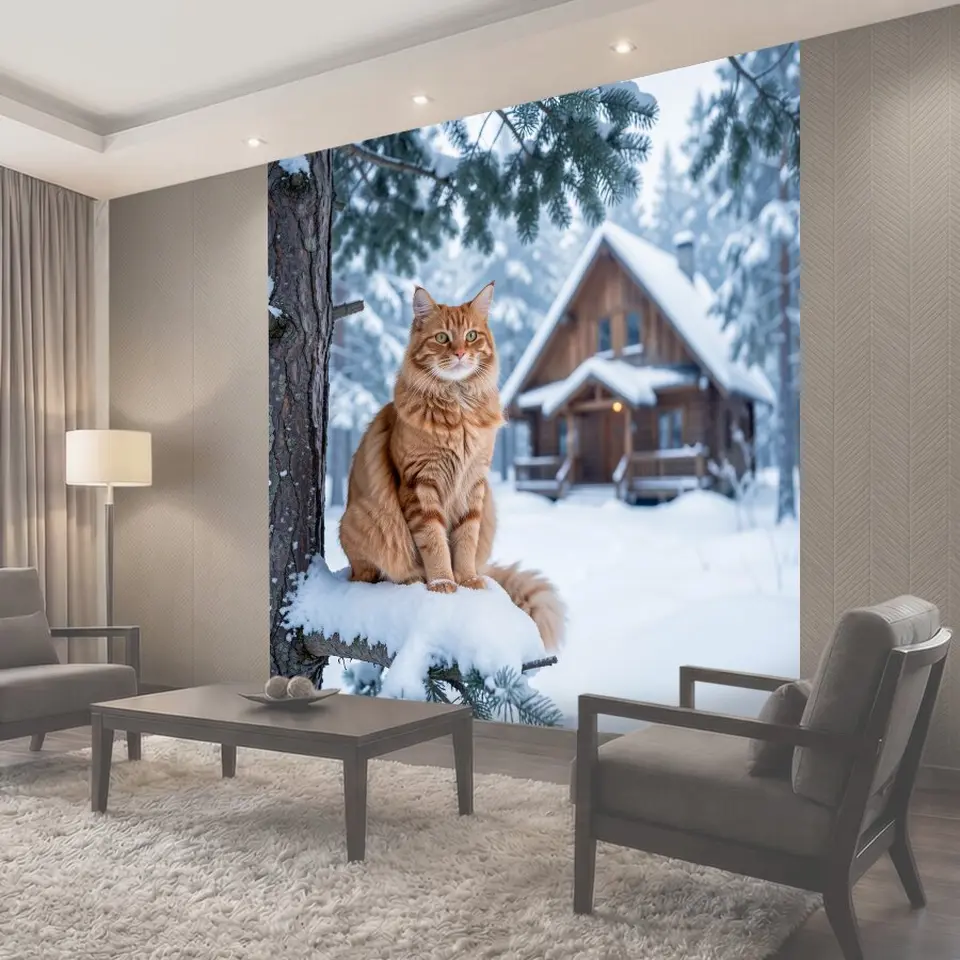 Фотообои Рыжий кот у зимнего домика