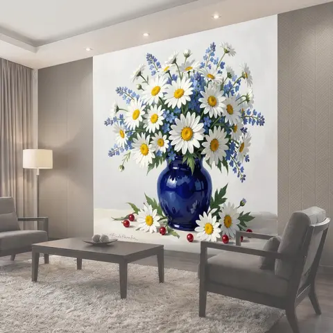 Фотообои Ромашки в синей вазе