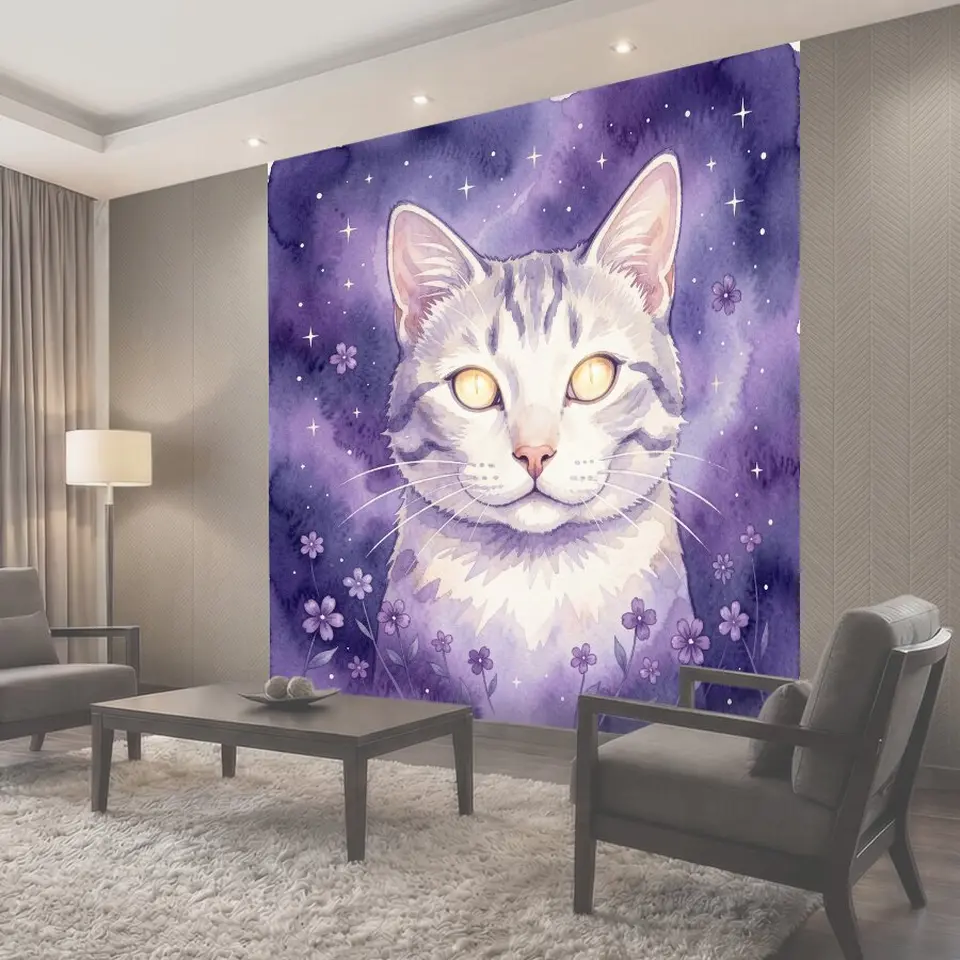 Фотообои Космический кот в фиолетовой ночи