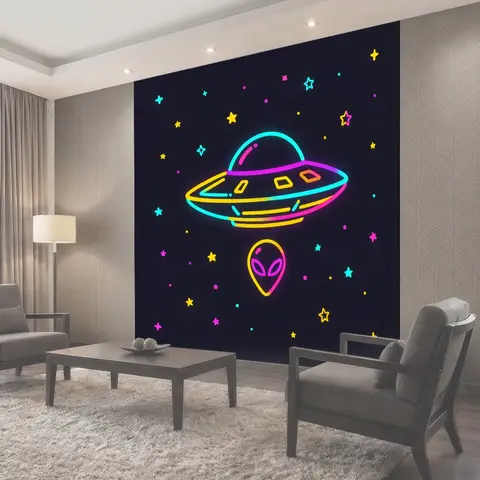 Фотообои Неоновая летающая тарелка и пришелец