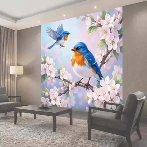 Фотообои Синие птицы среди сакуры