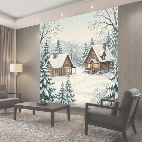 Фотообои Заснеженные дома среди елей